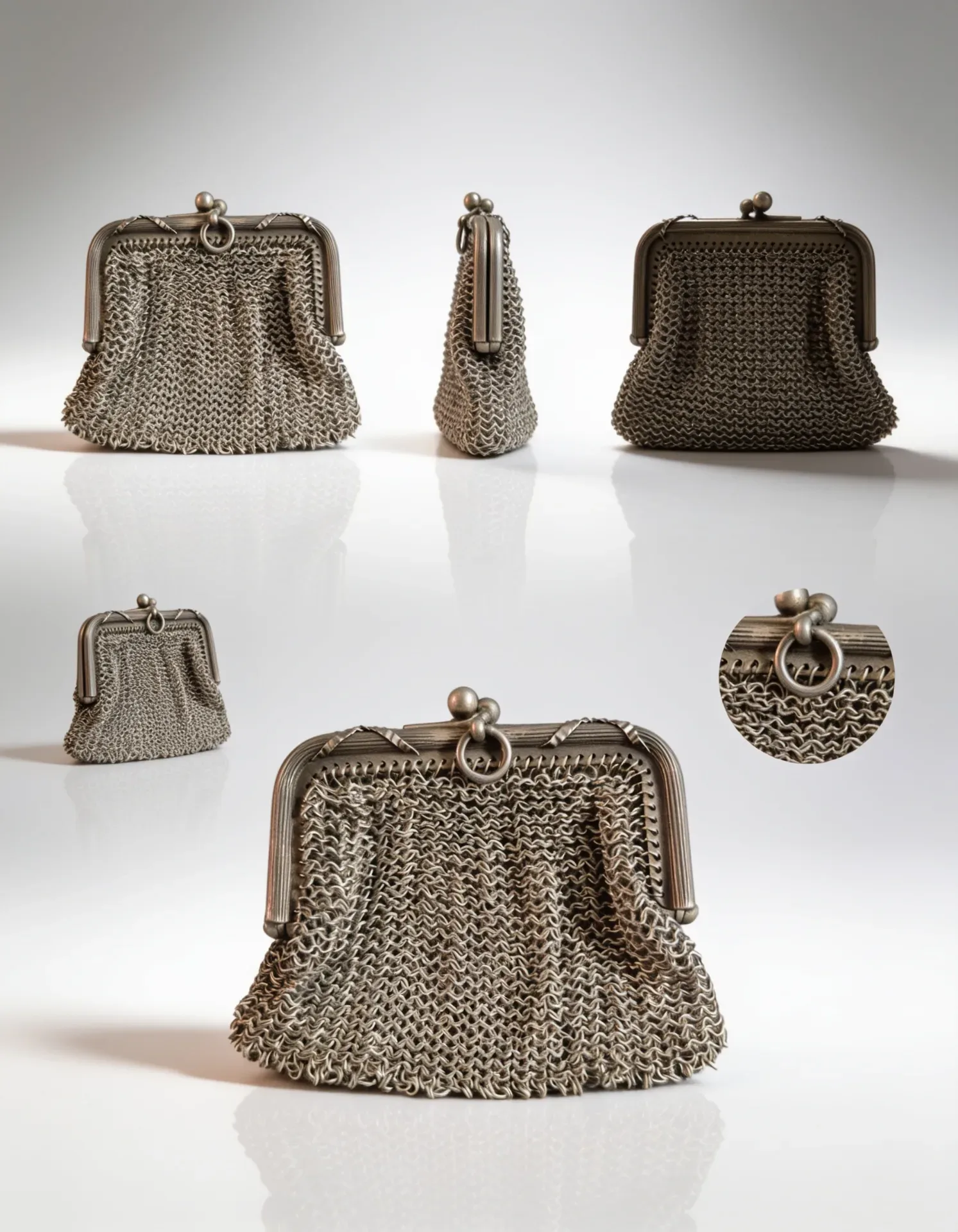 Sac porte-monnaie ancien en cotte de mailles métallique argentée